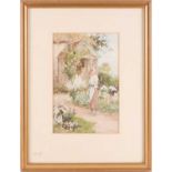 Joshua Fisher (1859-1930), a portrait of a lady in a cottage garden, signed watercolour, 26 cm x