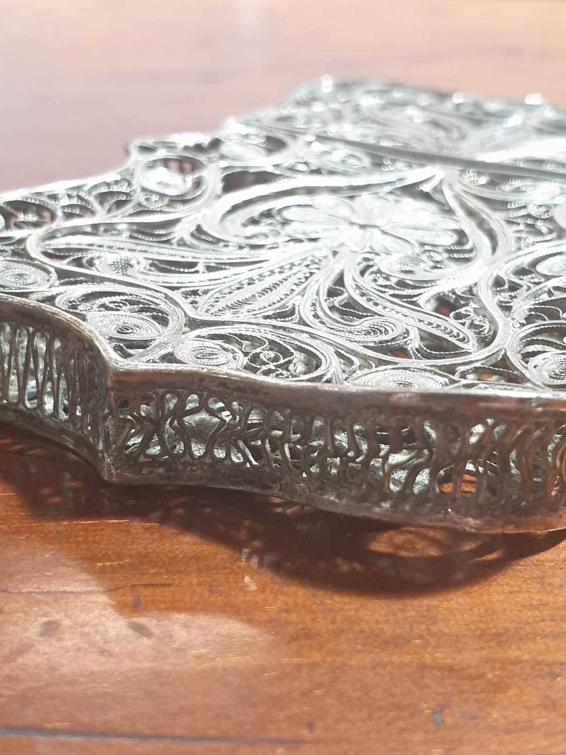 An Indian filigree white metal card case and a Tibetan white metal cheroot case, each with floral - Image 8 of 18