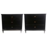 A pair of 19th century French black Japaned three-drawer commodes each with inlaid shield-shaped