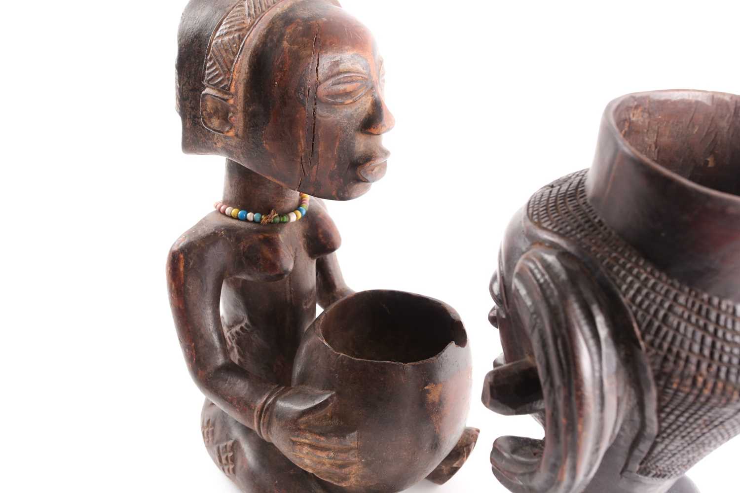 A Luba seated female divination figure, Mboko, Democratic Republic of Congo, seated holding bowl - Image 4 of 7