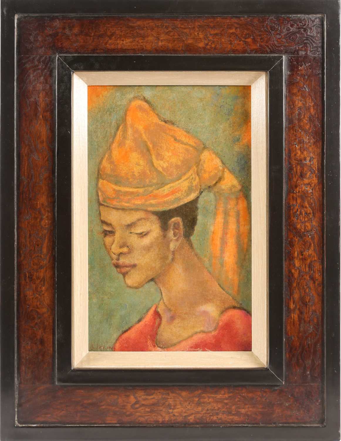 George Biddle (1885-1973) American, portrait of a woman wearing a head-dress, oil on board, signed