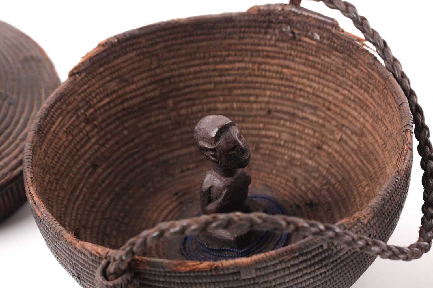 A Fang slit drum, Gabon, the terminal as a seated male above the ribbed body, on a later white base, - Image 3 of 6