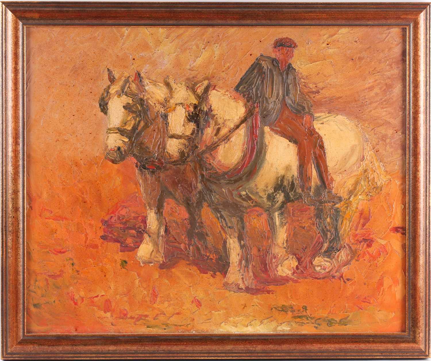 Early 20th century English school, an Impasto painting of a drayman with his two cart horses,