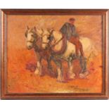 Early 20th century English school, an Impasto painting of a drayman with his two cart horses,