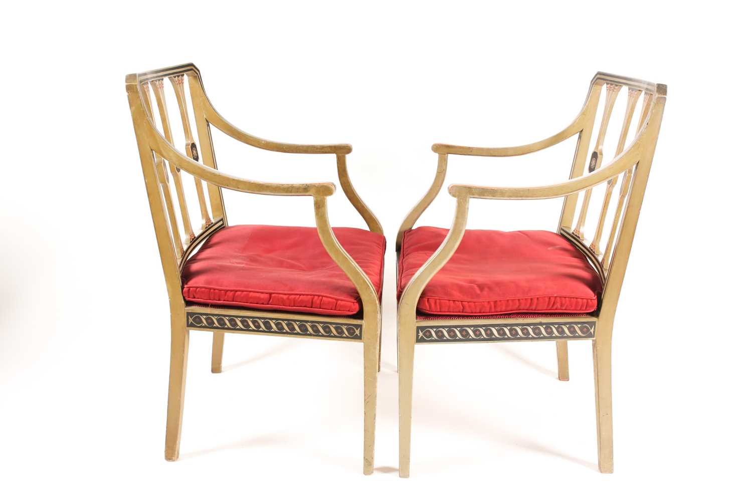 A pair of Sheraton style pale green painted open arm elbow chairs. With trompe l'oeil faux carved - Image 5 of 11