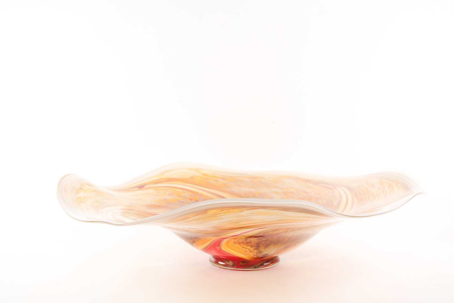 Liz Lacey: a large glass centrepiece bowl, with swirl pattern and wavy edge rim, etched signature to - Image 2 of 6