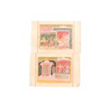 A pair of Indian watercolour pages painted with figures in interiors and open landscapes. Possibly