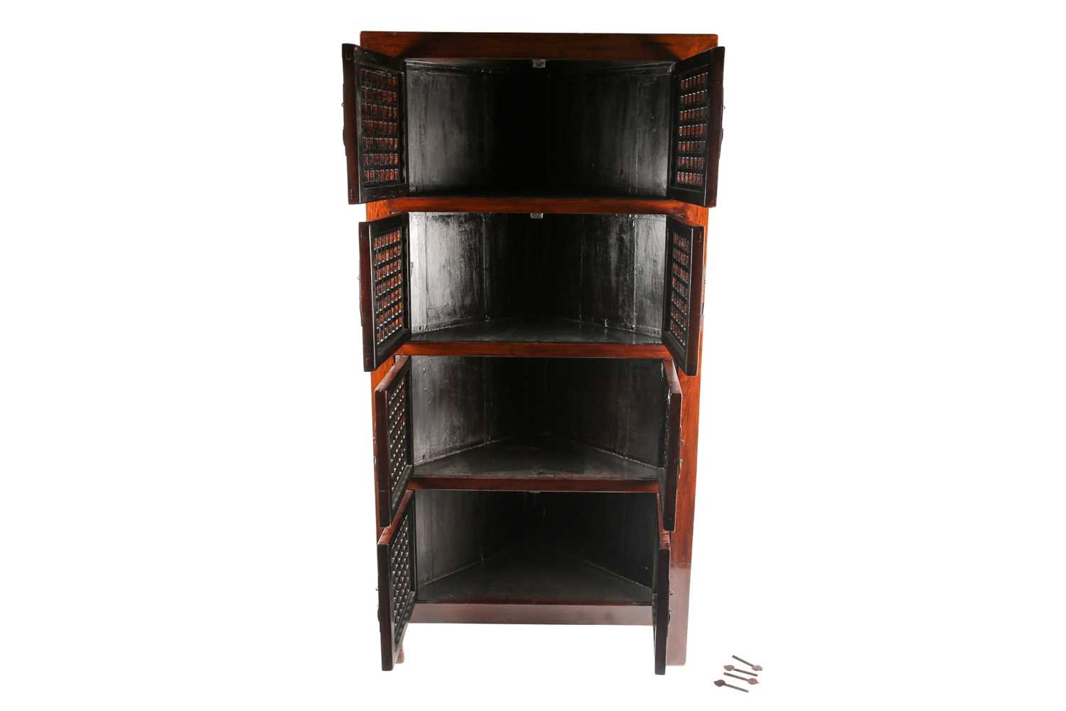 A Chinese elm standing corner food cupboard with four pairs of lattice cupboard doors with rustic - Image 2 of 5