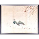 A late 19th / early 20th century Japanese painting on silk of two birds the two Lapwings painted