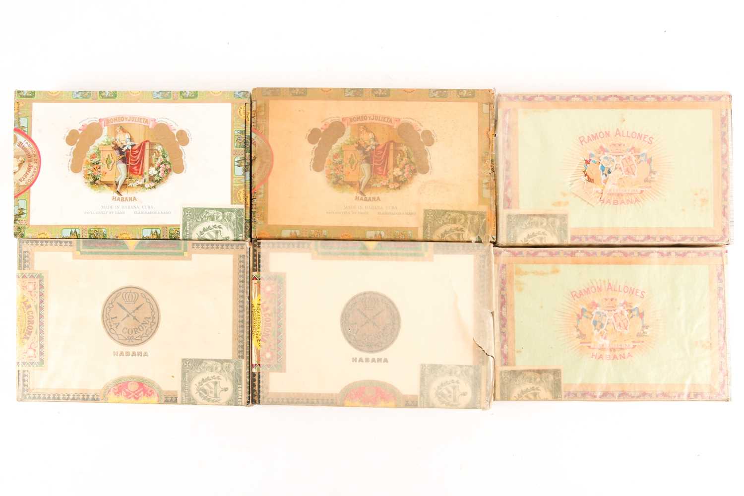 Six boxes of vintage Cuban cigars, comprising a box of 25 Romeo y Julieta Coronas Chicas (opened but