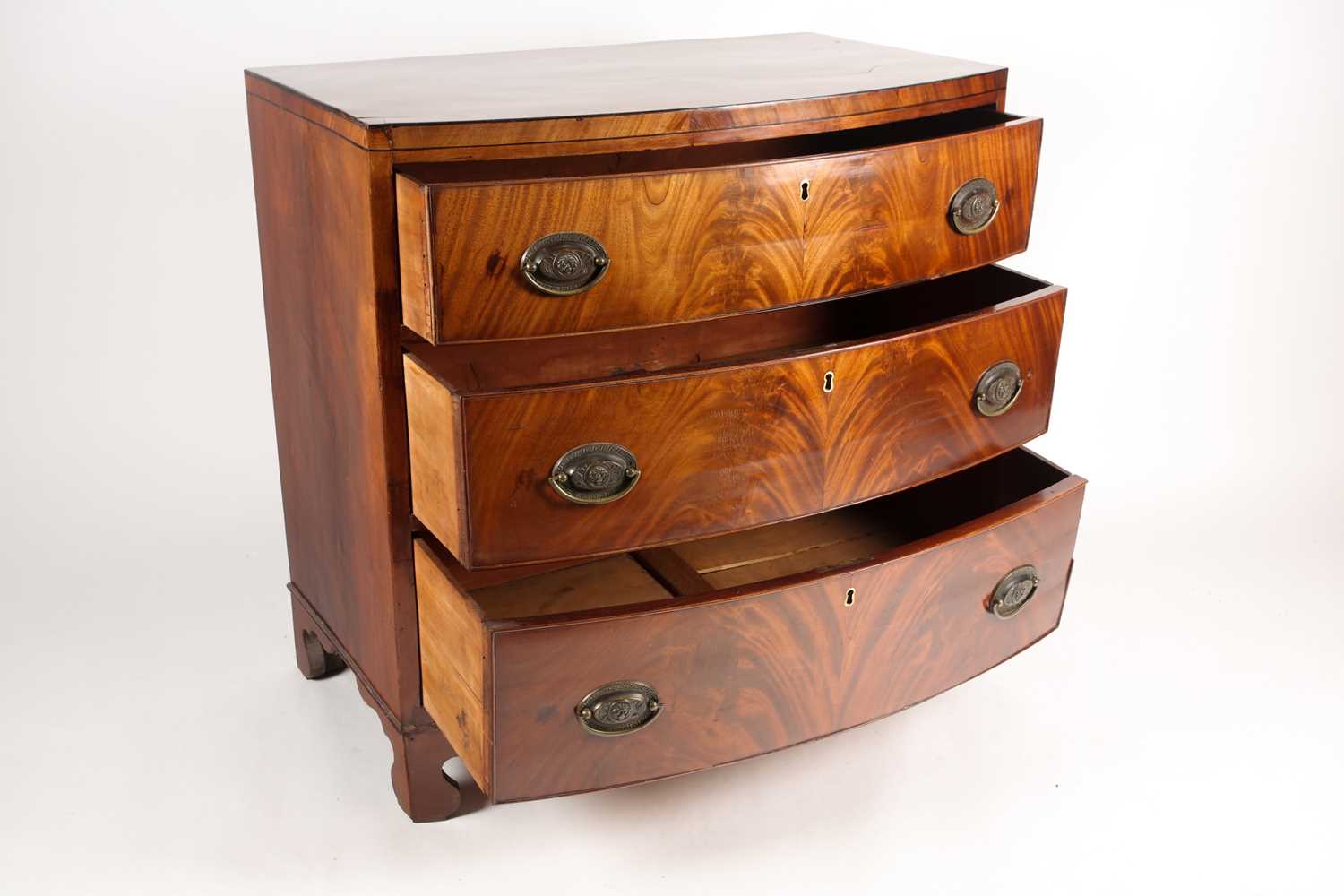 A reconfigured 19th-century mahogany caddy topped bowfront chest of three long drawers. Supported on - Image 4 of 5