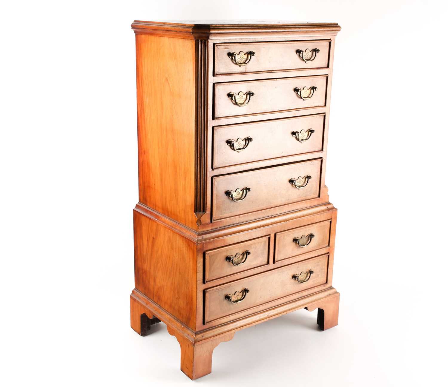 A George II style miniature walnut chest on chest with canted upper section fitted four long drawers - Image 2 of 5