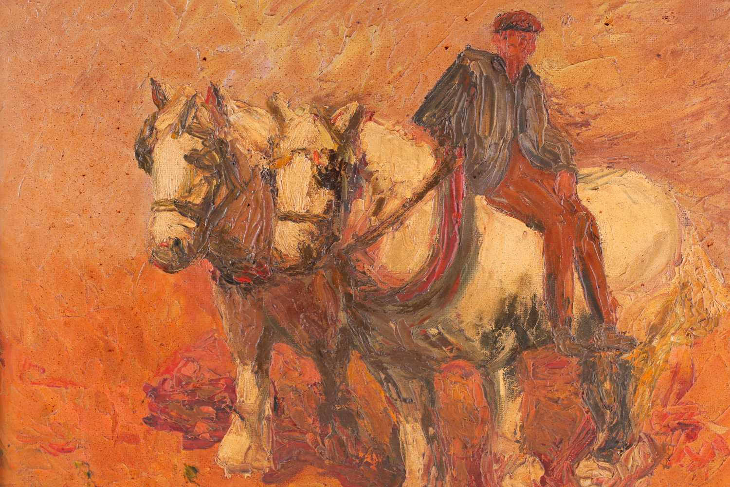 Early 20th century English school, an Impasto painting of a drayman with his two cart horses, - Image 4 of 4