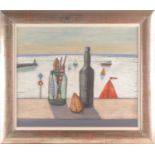 Jock MacInnes, RGI (Scottish. B. 1943), Bottle, boats and beacon, oil on gesso on board, signed with