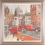Robert Wells, London street with St Pauls in the distance, oil on canvas, signed lower right, 62