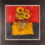 Jack Morrocco, FRSA, (Scottish. B. 1953), Sunflowers against red, oil on canvas, signed lower right,