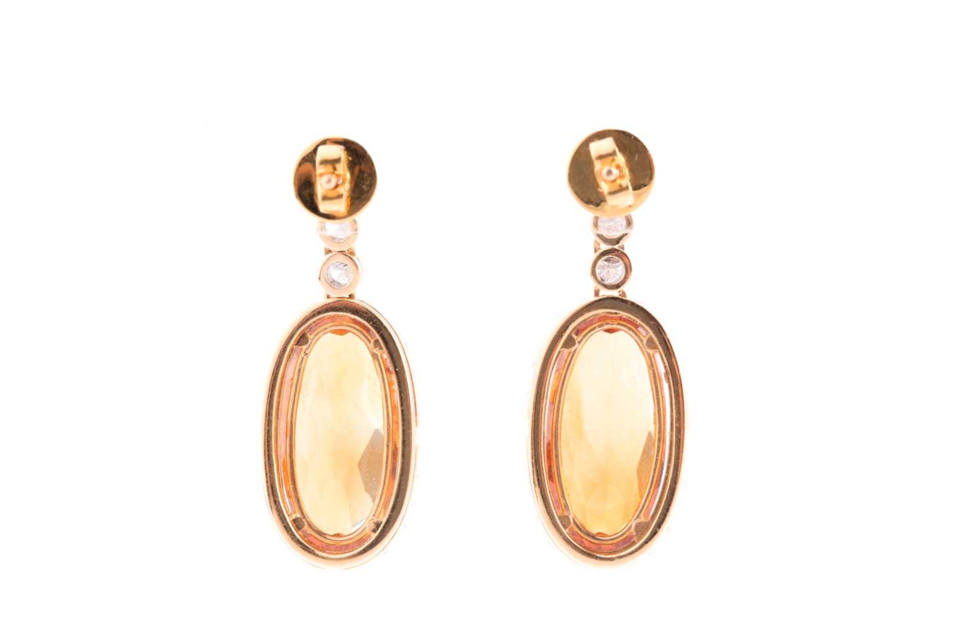 A pair of yellow metal, diamond, and citrine drop earrings, set with mixed oval-cut orange - Image 2 of 2