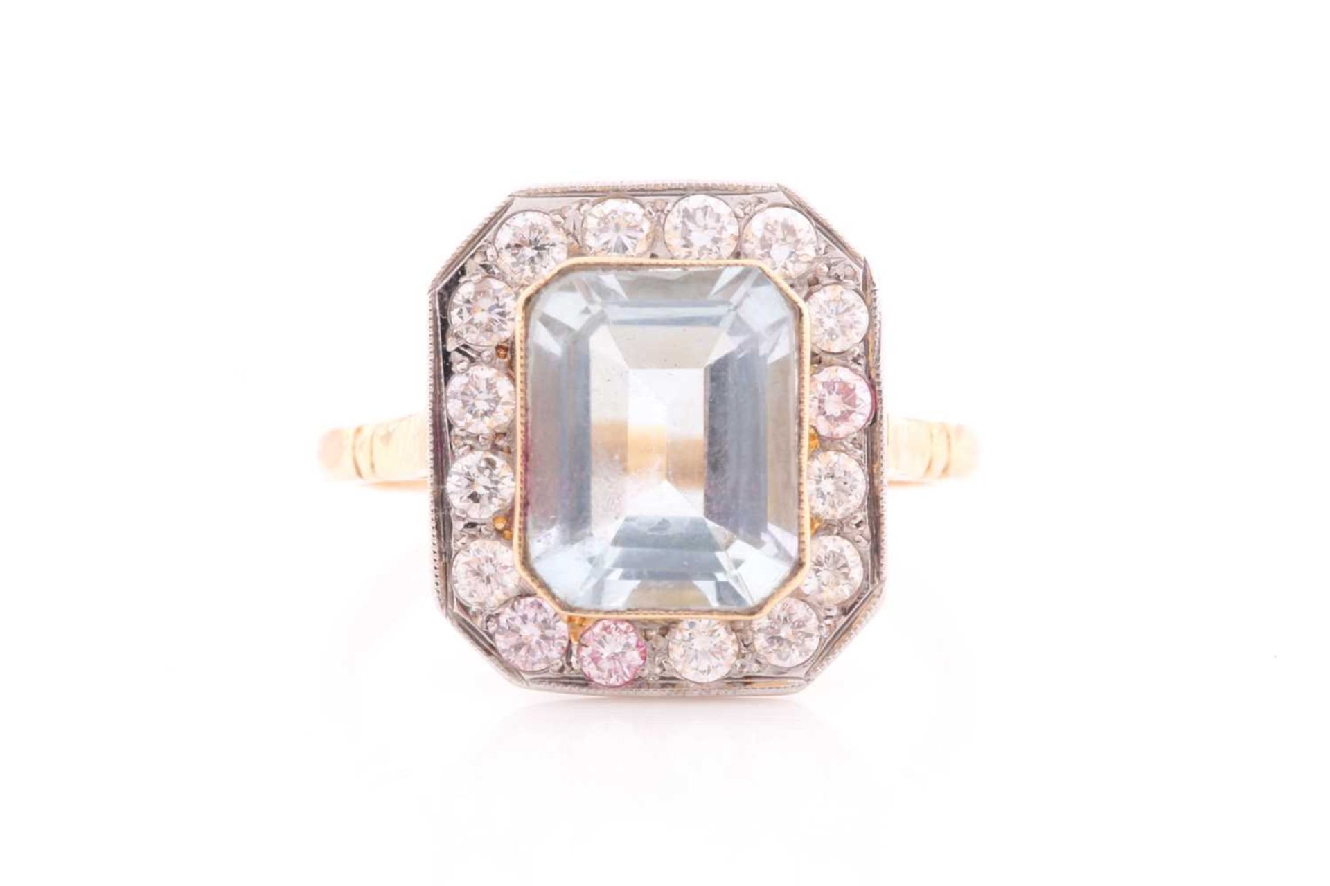 A diamond and aquamarine ring, set with an emerald-cut aquamarine of approximately 2.30 carats,