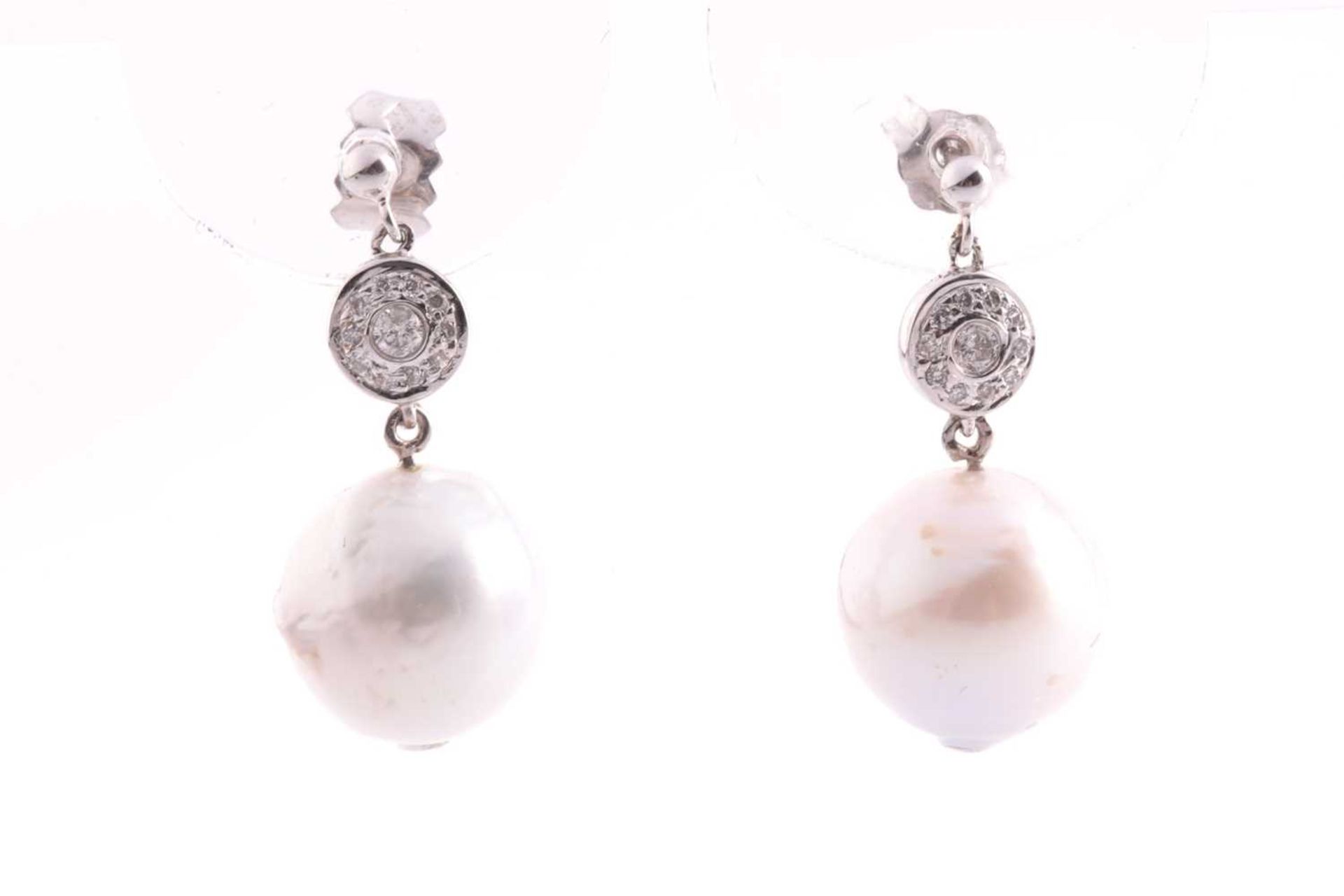 A pair of white gold, diamond, and pearl drop earrings, set with South Sea pearls, approximately