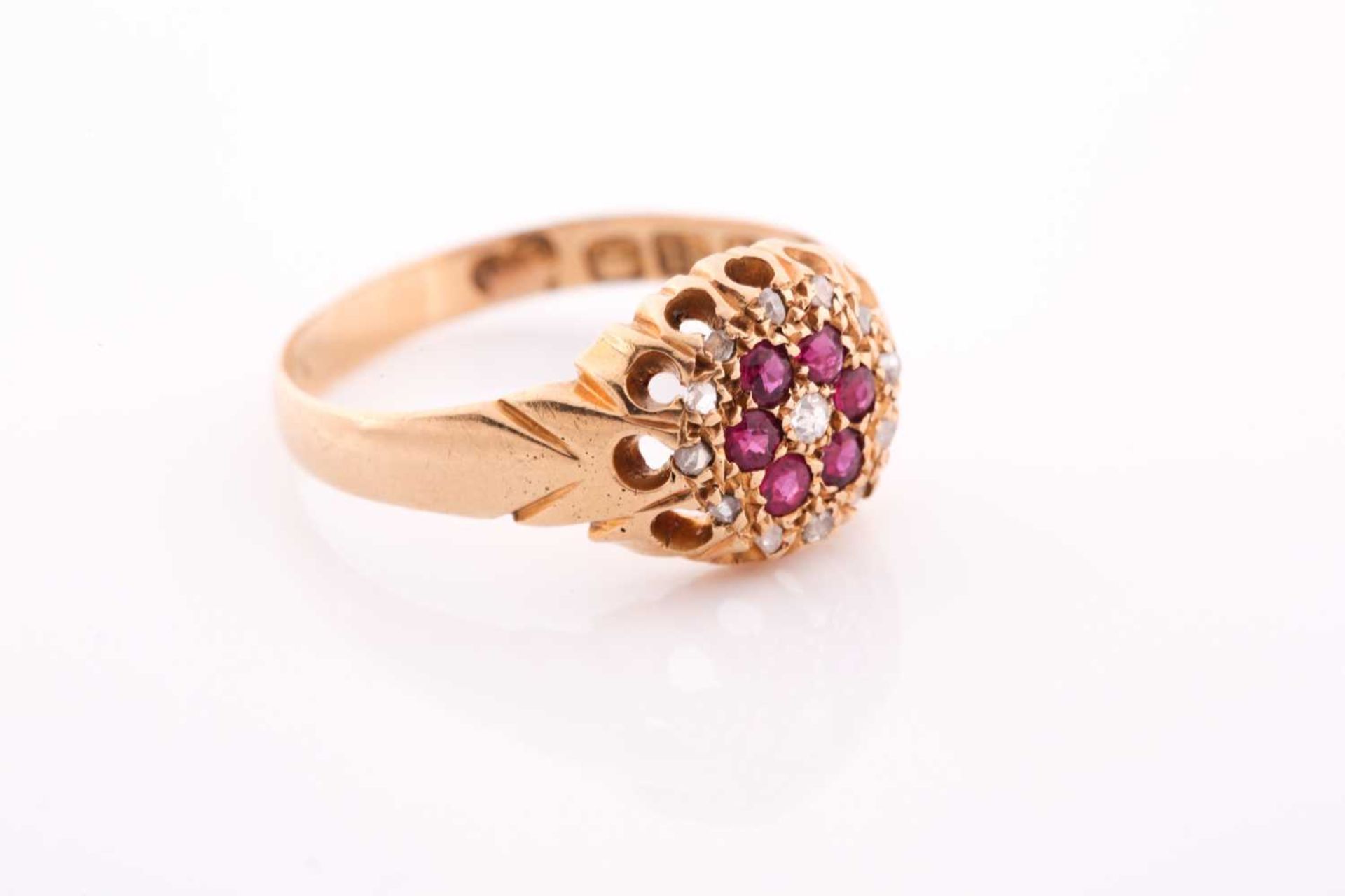 An 18ct yellow gold, diamond, and ruby floral cluster ring, the claw-raised mount pave-set with - Image 2 of 5