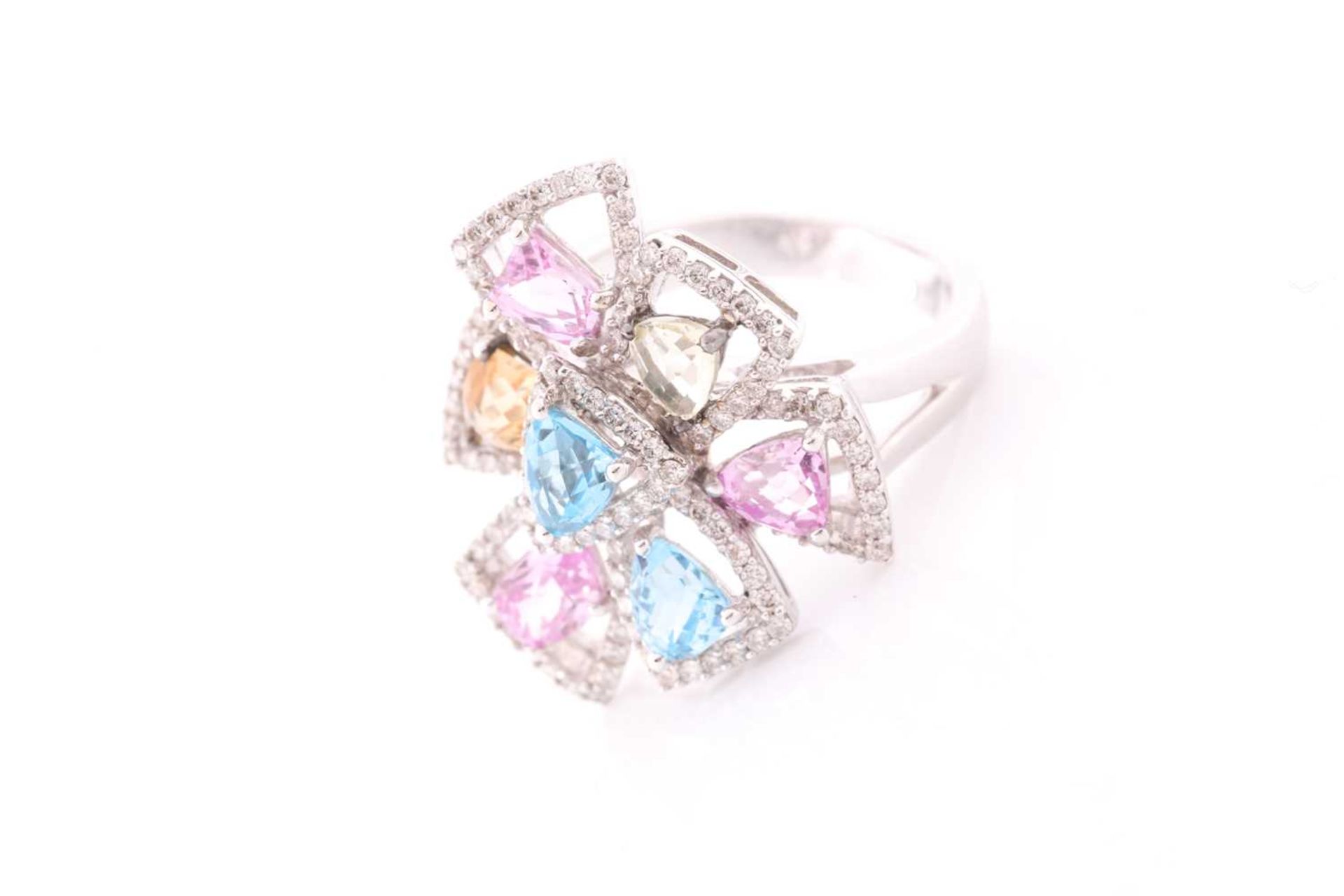 An 18ct white gold, diamond, and multi-coloured topaz ring of geometric floral form, the openwork - Image 3 of 5
