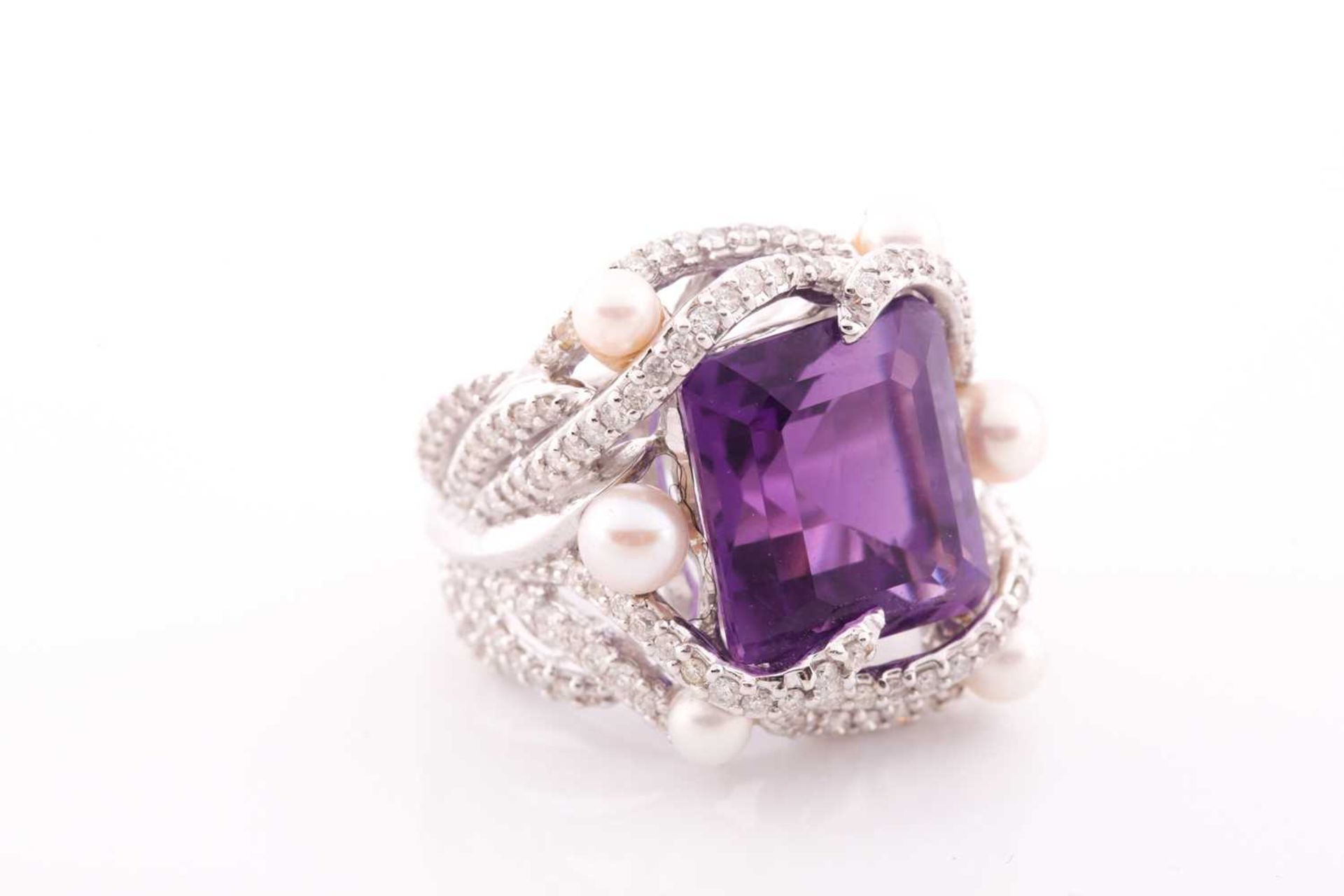 An impressive diamond and amethyst cocktail ring, centred with a mixed square-cut amethyst, - Image 3 of 6