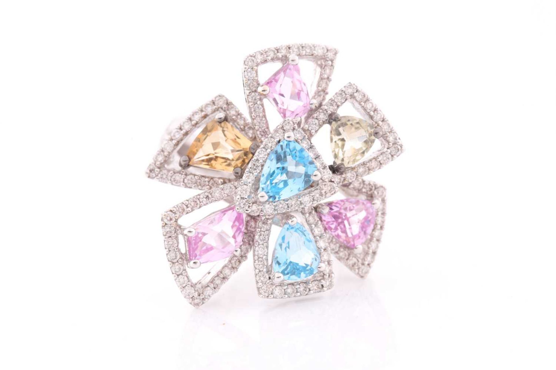 An 18ct white gold, diamond, and multi-coloured topaz ring of geometric floral form, the openwork - Image 5 of 5