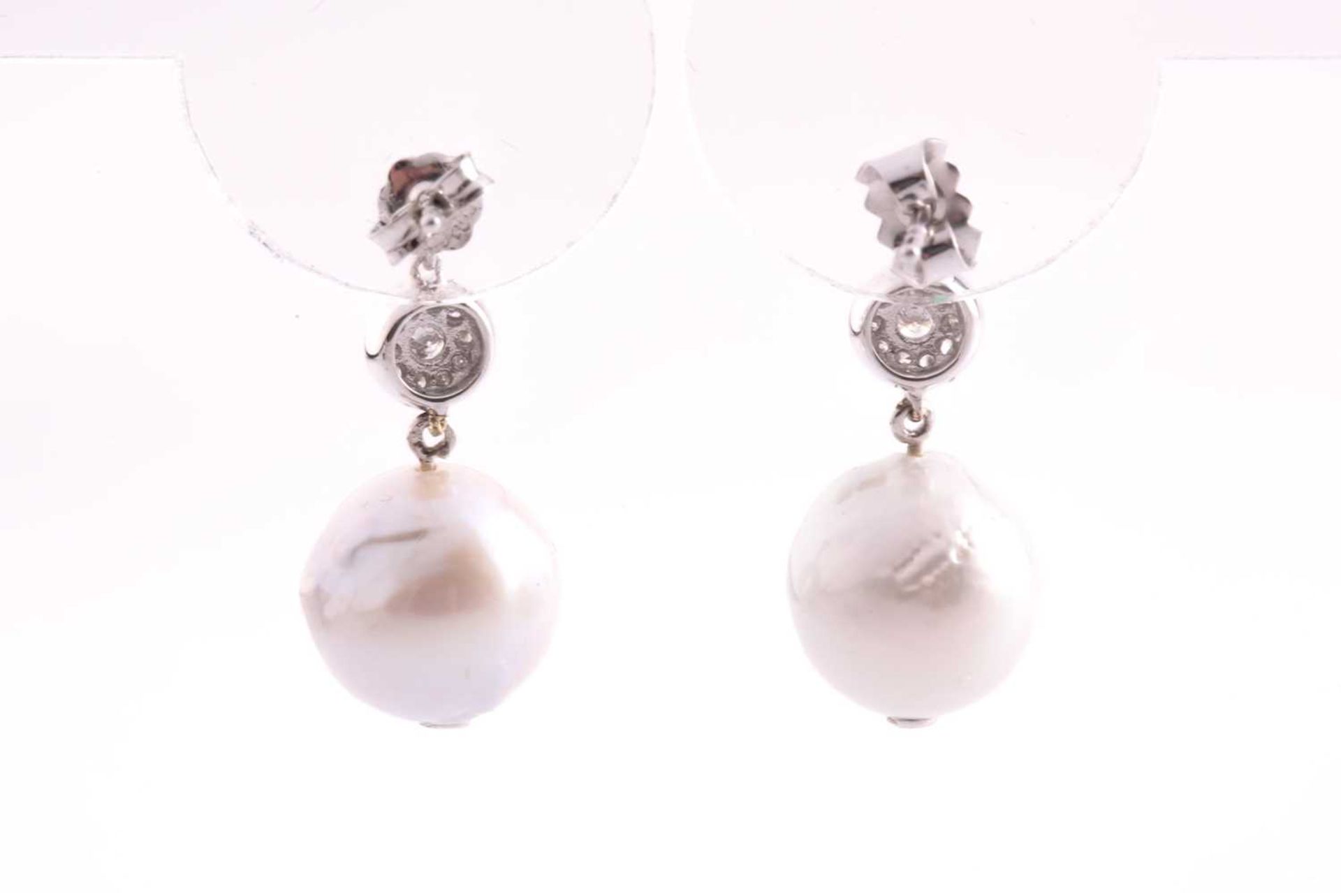 A pair of white gold, diamond, and pearl drop earrings, set with South Sea pearls, approximately - Image 2 of 2