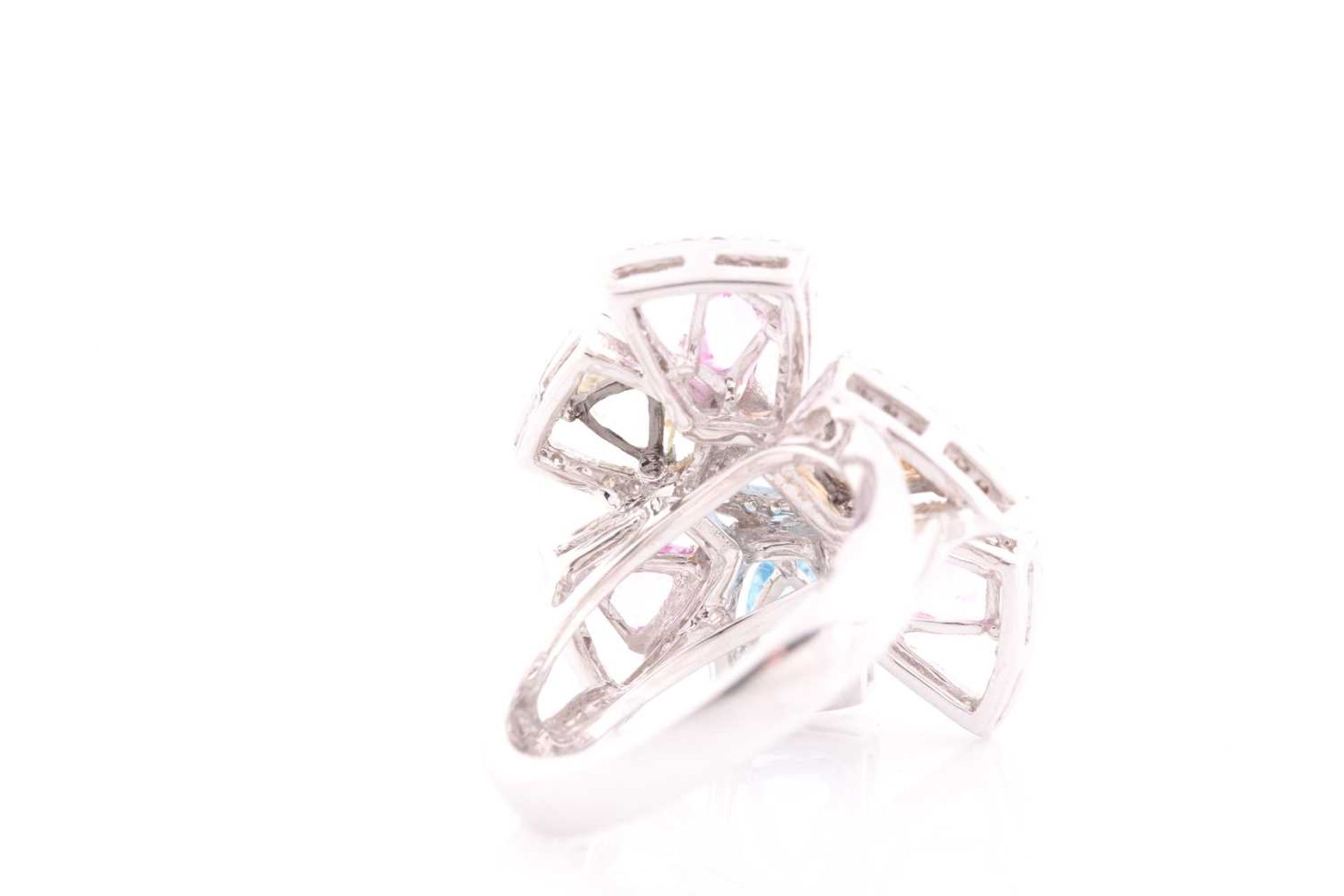 An 18ct white gold, diamond, and multi-coloured topaz ring of geometric floral form, the openwork - Image 4 of 5