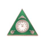A Russian clock in Faberge style, the round enamelled dial surrounded by old rose cut diamonds,