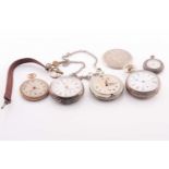 A small collection of pocket watches, including a 9ct gold cased pocket watch (lacking top part of