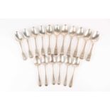 A small collection of silver teaspoons including five fiddle thread and shell, six old English and