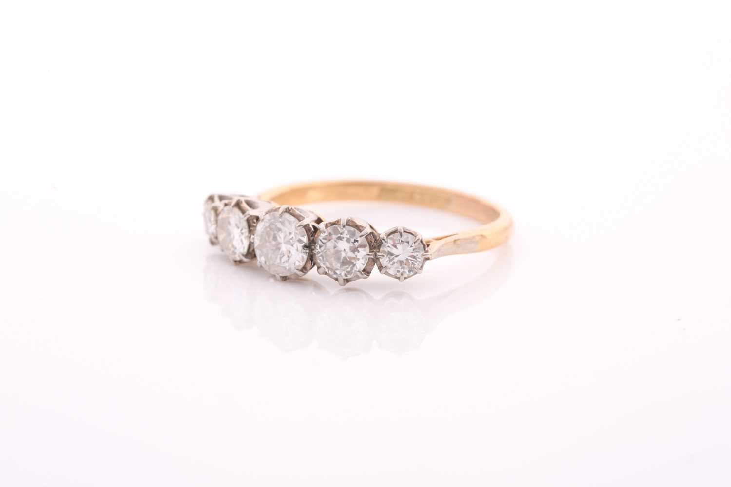 An early 20th century gold and diamond five stone ring, the graduated early round brilliants - Image 3 of 5