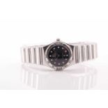 An Omega Constellation ladies stainless steel wristwatch, the black dial with diamond indices, black