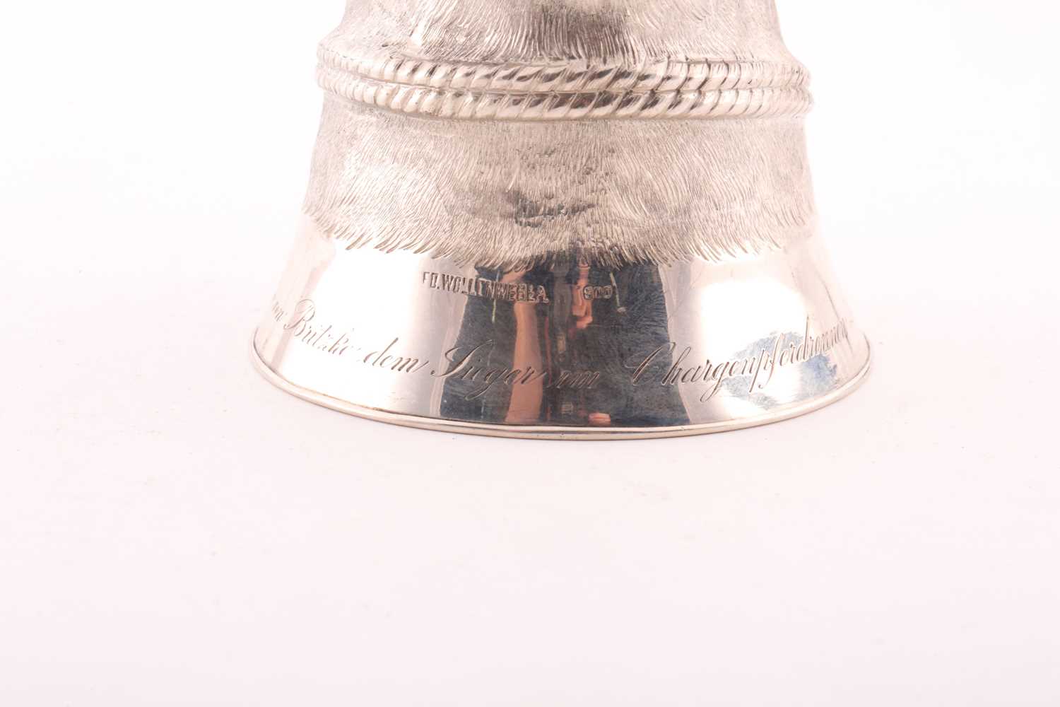 A late 19th century (?) German cast silver stirrup cup modelled as the head of a long dog/ greyhound - Image 8 of 8