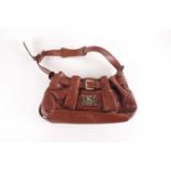 A Burberry brown leather shoulder bag with magnetic catch and zipped central partition, the shoulder