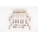 A matched set of Victorian silver fiddle and thread table forks, London 1845 and other dates, all by