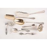 A 20th century Danish silver fruit serving spoon, sugar sifting ladle, fish slice and other items of