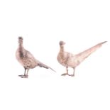 A pair of 20th century silver cock and hen pheasant figures, London 1986, by Richard Hugh Lawton, 24