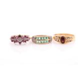 A 9 carat gold ruby and diamond triple cluster ring, (one ruby deficient) an emerald and diamond two