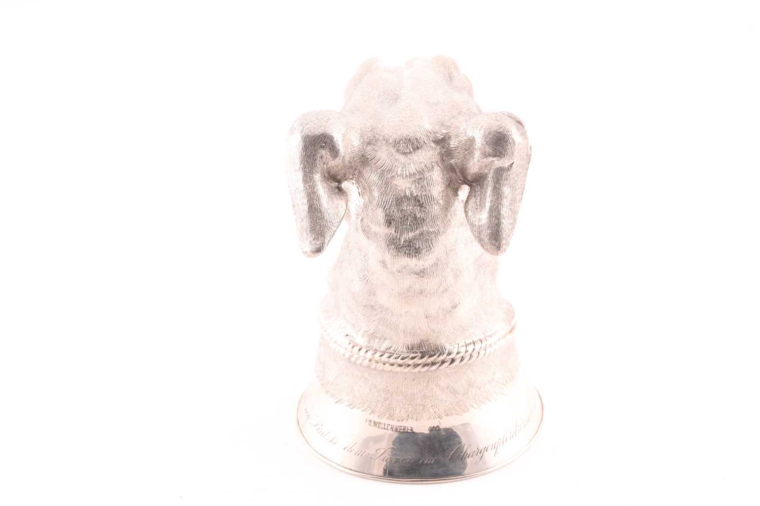 A late 19th century (?) German cast silver stirrup cup modelled as the head of a long dog/ greyhound - Image 6 of 8