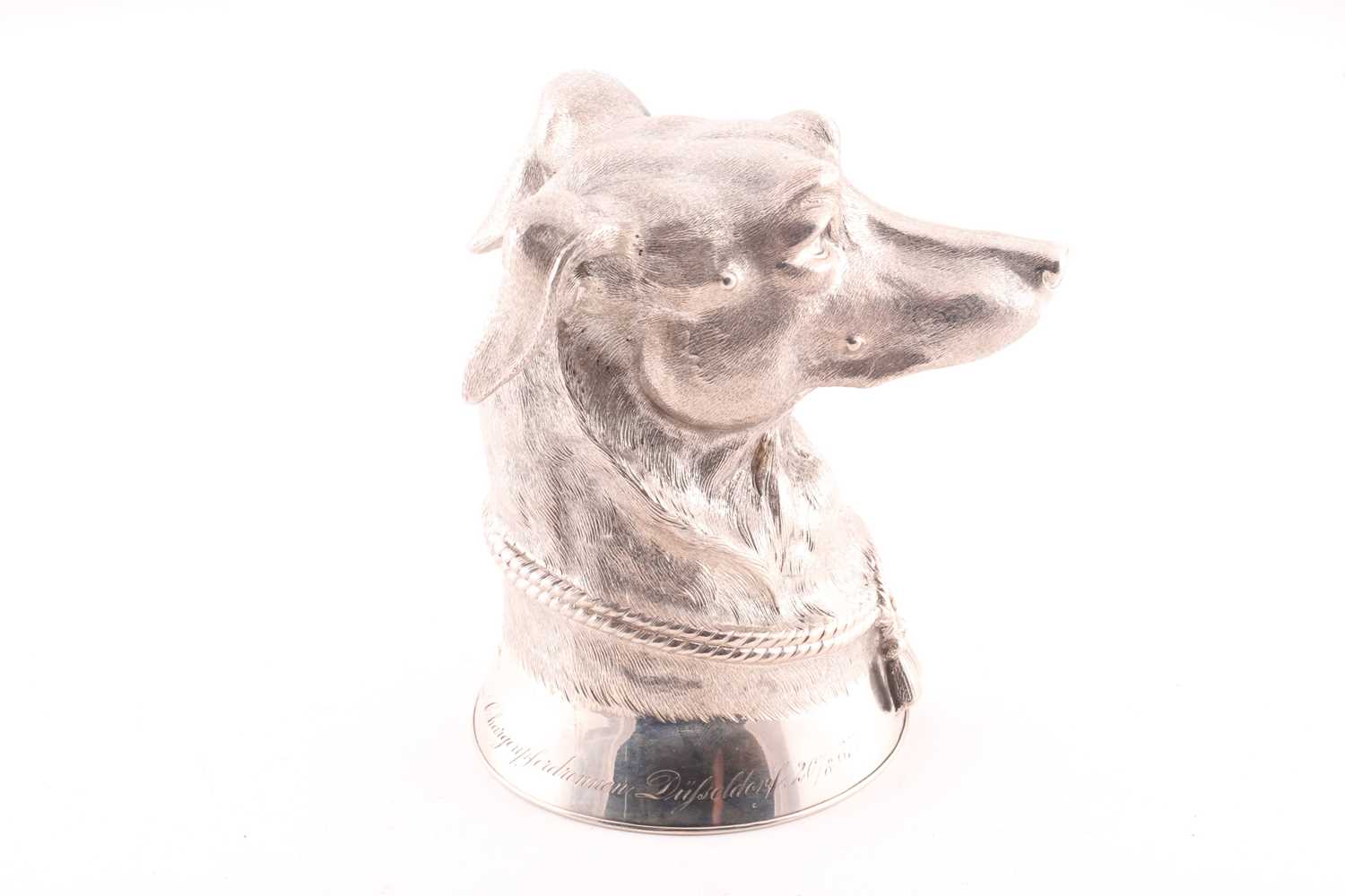 A late 19th century (?) German cast silver stirrup cup modelled as the head of a long dog/ greyhound - Image 7 of 8