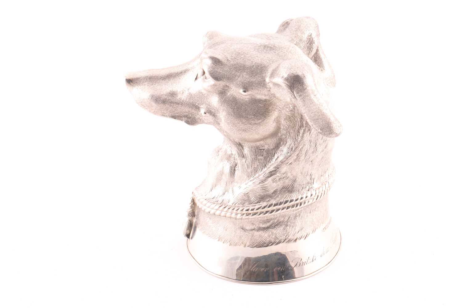 A late 19th century (?) German cast silver stirrup cup modelled as the head of a long dog/ greyhound - Image 2 of 8