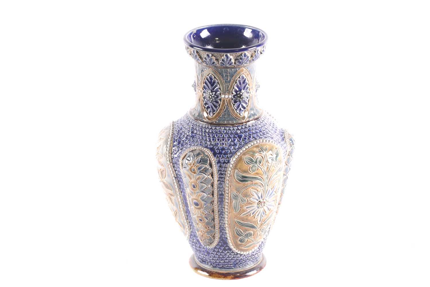 A Doulton Lambeth lobed vase, the rim with moulded leaves above the neck with foliate medallions, - Image 3 of 10