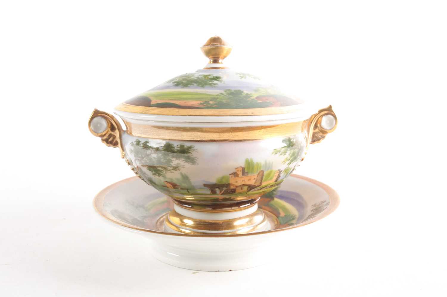A 19th century tureen and cover, unmarked but possibly Russian, with hand-painted landscape and gilt