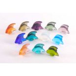 A collection of twelve Lalique frosted glass angel fish figures of various colours, some with