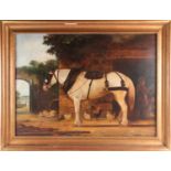 British 19th-century school, a large study of a grey horse in a blacksmith's yard, oil on canvas,