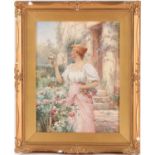 Alfred Glendening Jr (1861-1907), a lady collecting garden flowers in a cottage garden, watercolour,