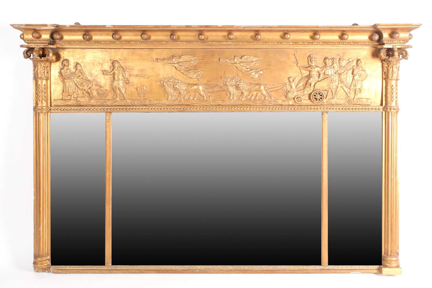 A Regency giltwood overmantle three-panel mirror, with relief decoration to the frieze, between