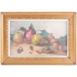 Early 20th century school, a still life of fruit and nuts on a table, unsigned oil on canvas (